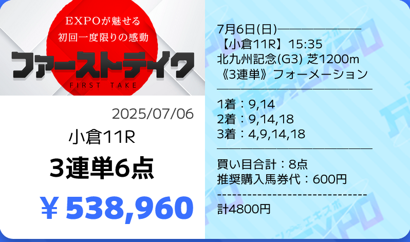 競馬予想サイト万馬券EXPO(エキスポ)「ファーストテイク」の予想的中実績